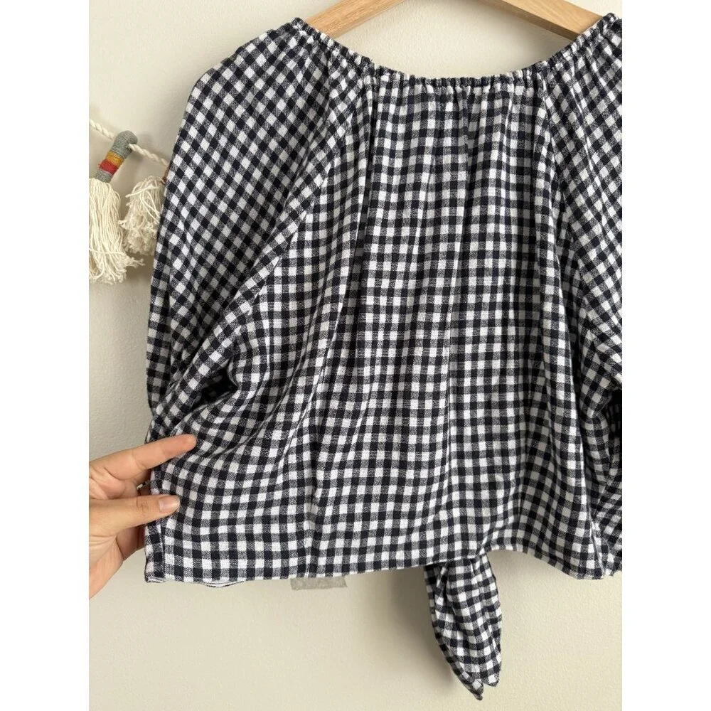 Abercrombie & Fitch Linen Gingham Puff Sleeve Tie Front Crop Top Preppy Coquette